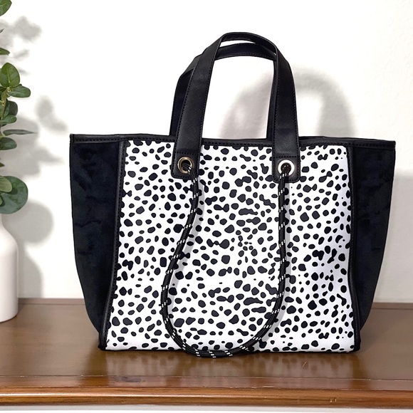 Dalmatian spots neoprene bag with pink and orange stripes and velvet sides. - Picture 5 of 7